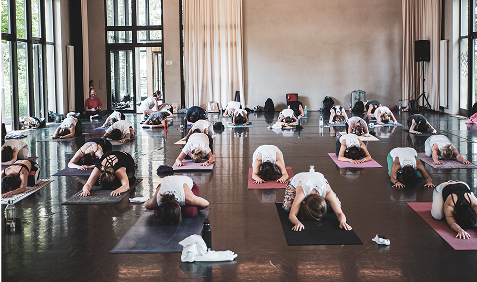 Des pratiquants de yoga en posture de l'enfant